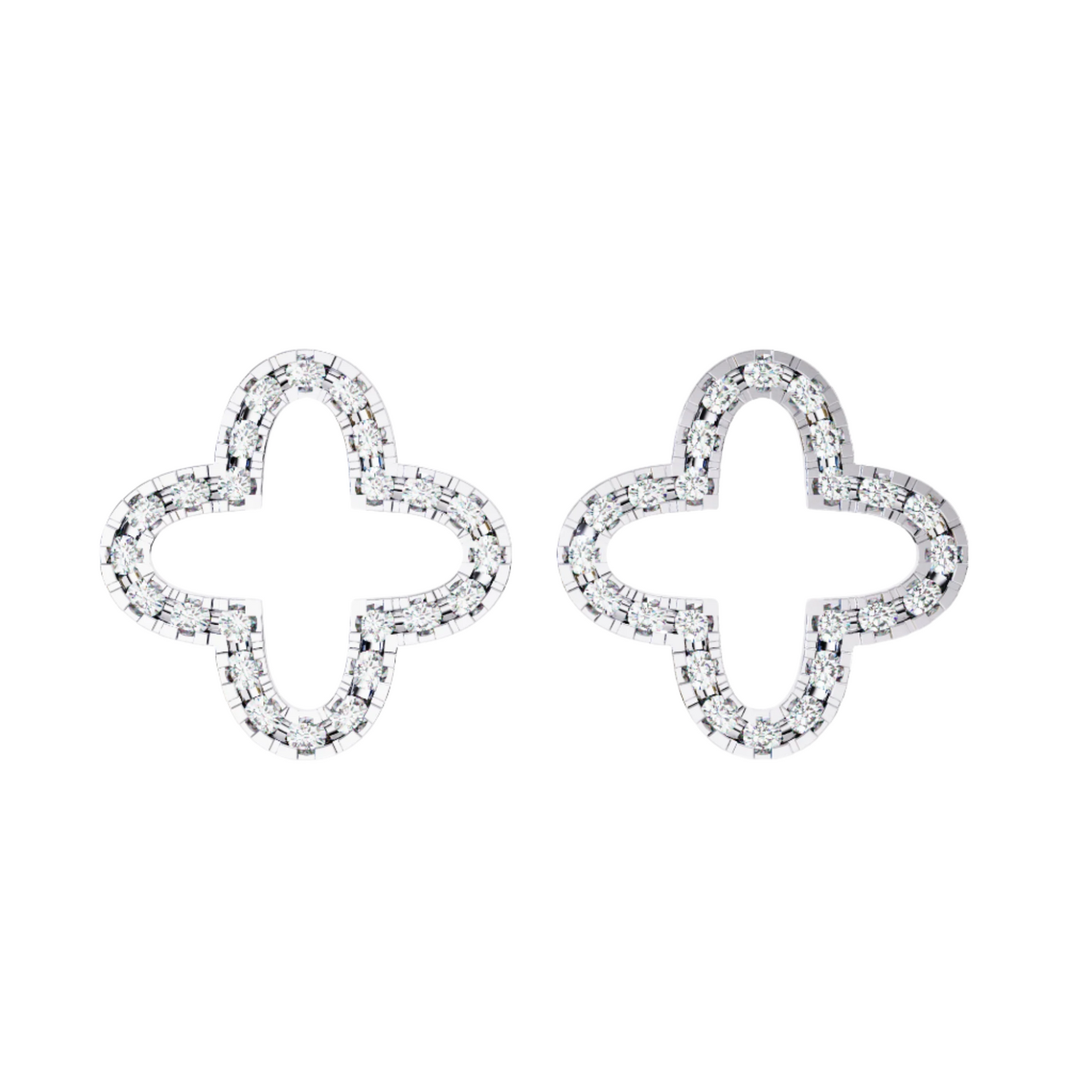 Pair of diamond-studded clover-shaped earrings on a white background