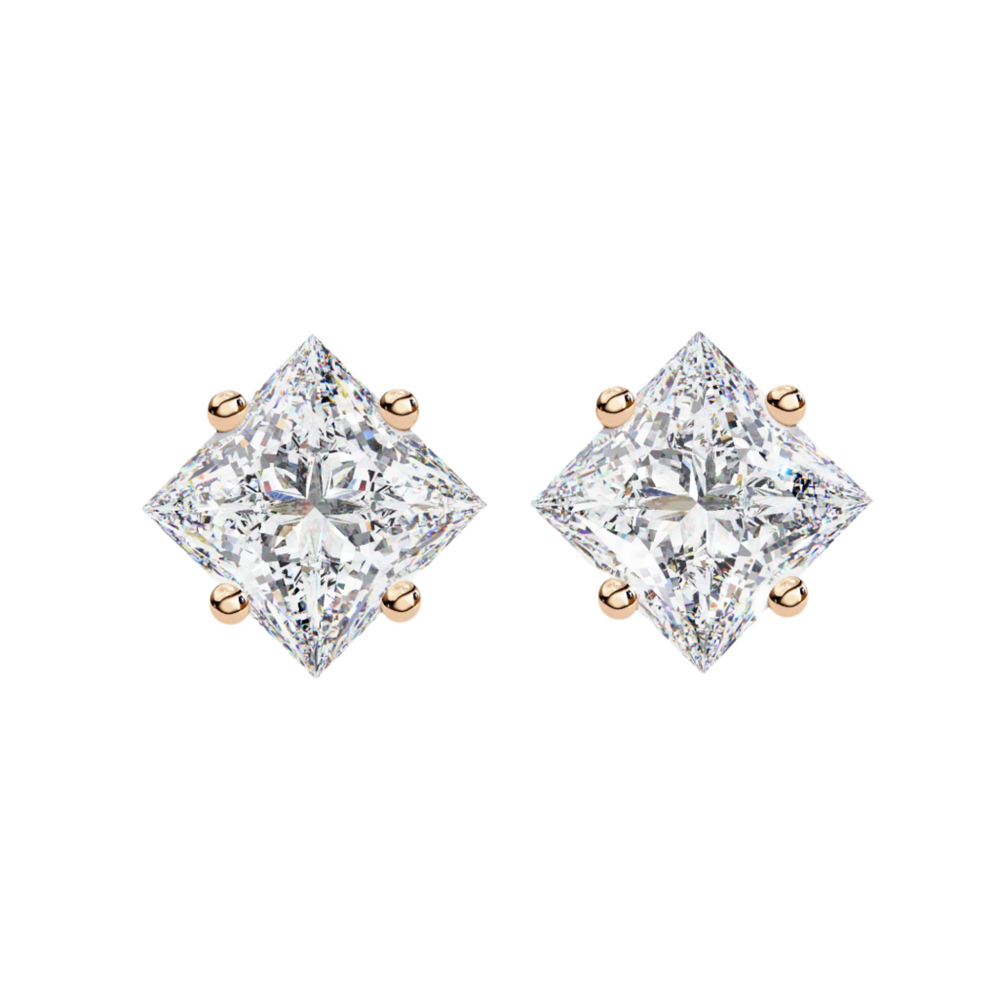 2 Carat Diamond Princess Cut Solitaire Stud Earrings