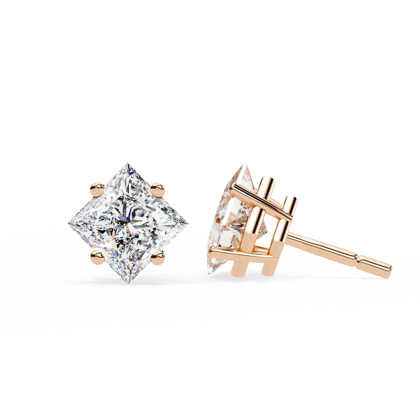 2 Carat Diamond Princess Cut Solitaire Stud Earrings