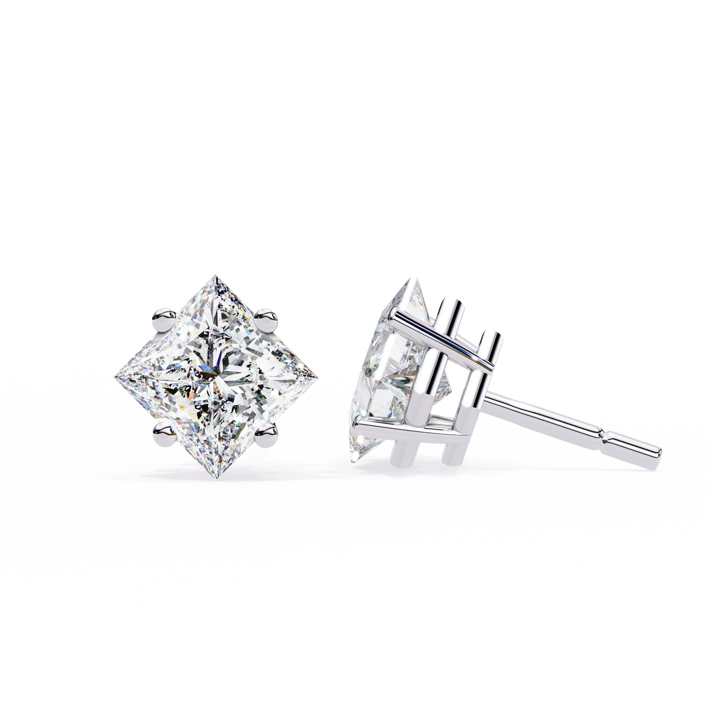 2 Carat Diamond Princess Cut Solitaire Stud Earrings