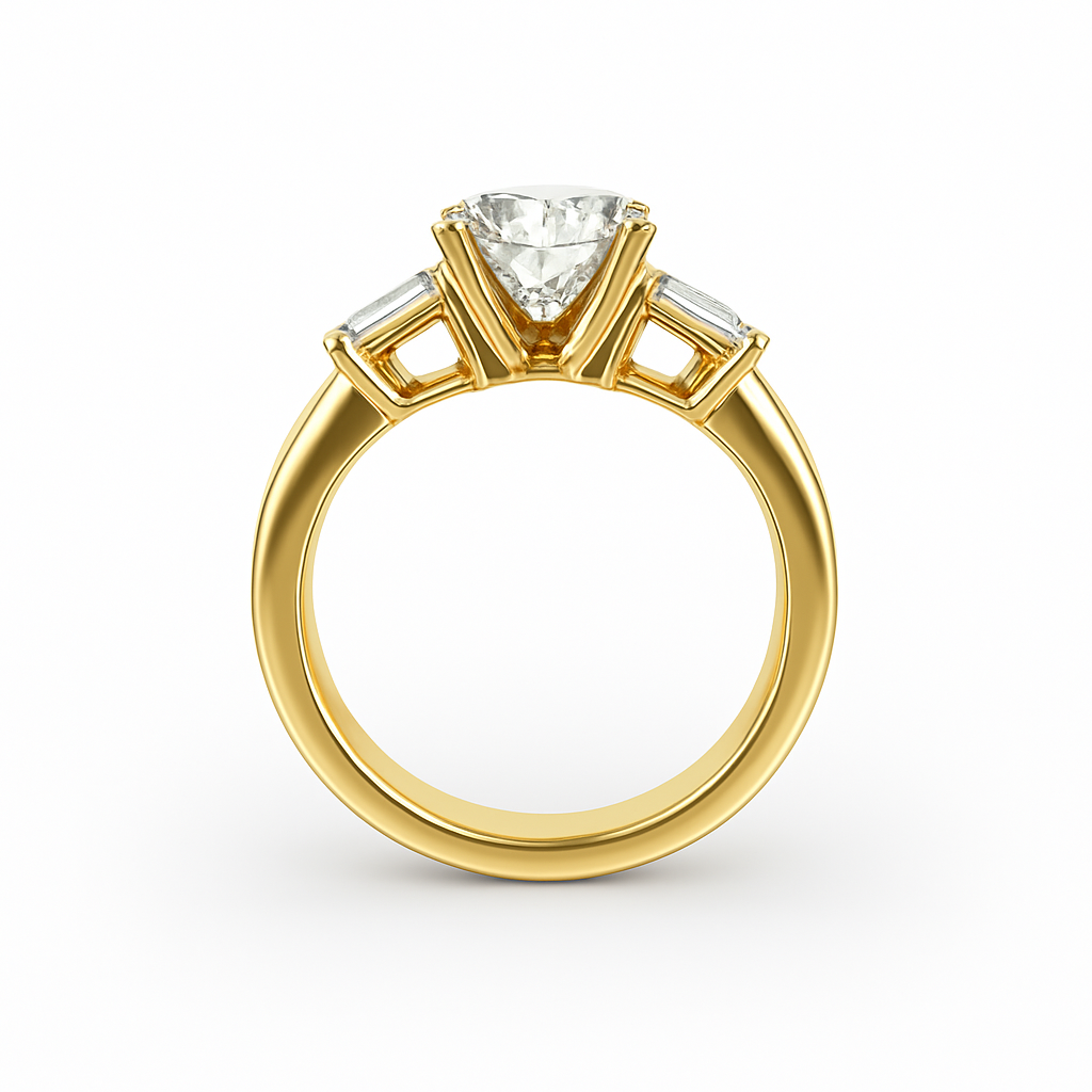 Three-Stone Cushion Cut Diamond Ring Mounting with Tapered Baguette and Pavé Accents
