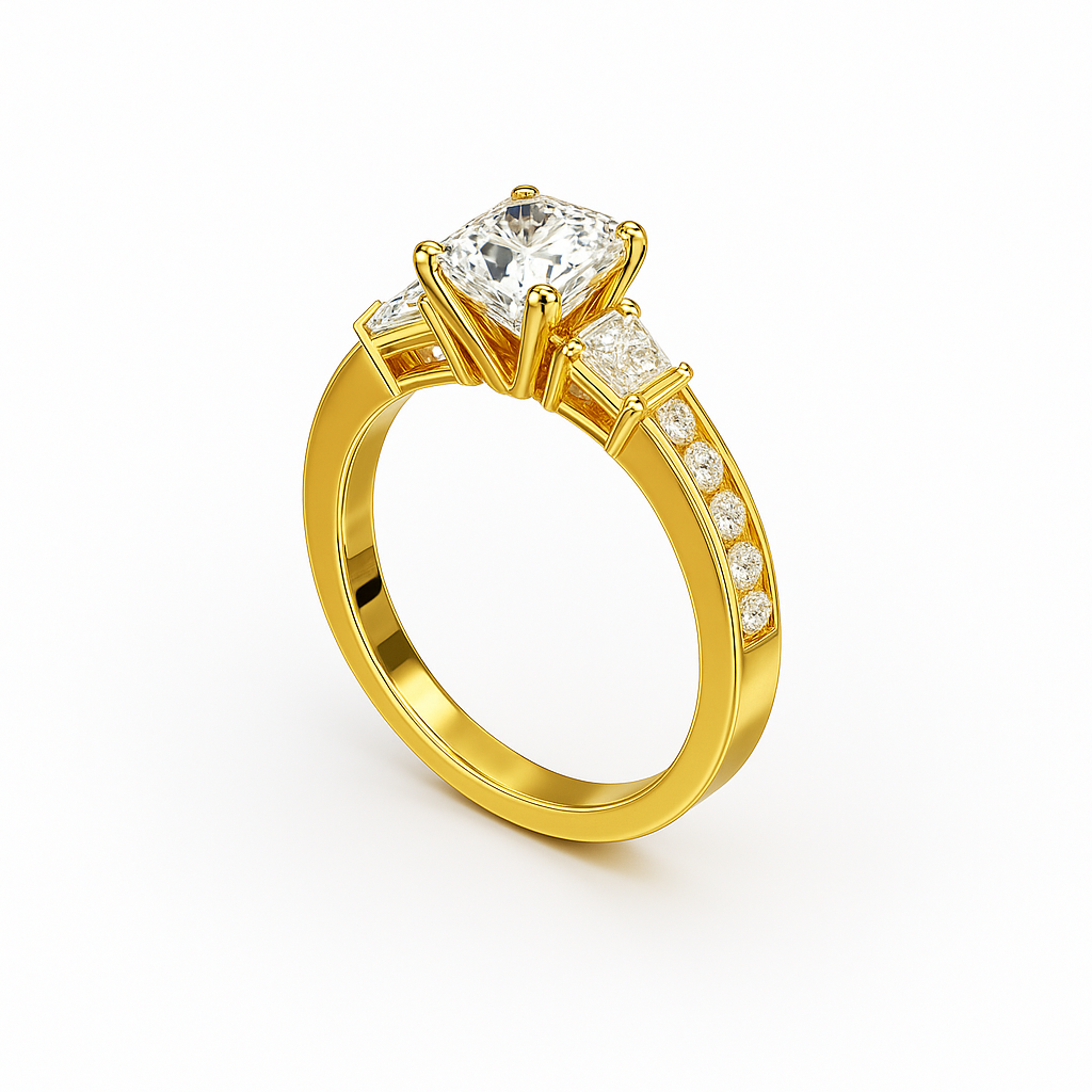 Three-Stone Cushion Cut Diamond Ring Mounting with Tapered Baguette and Pavé Accents