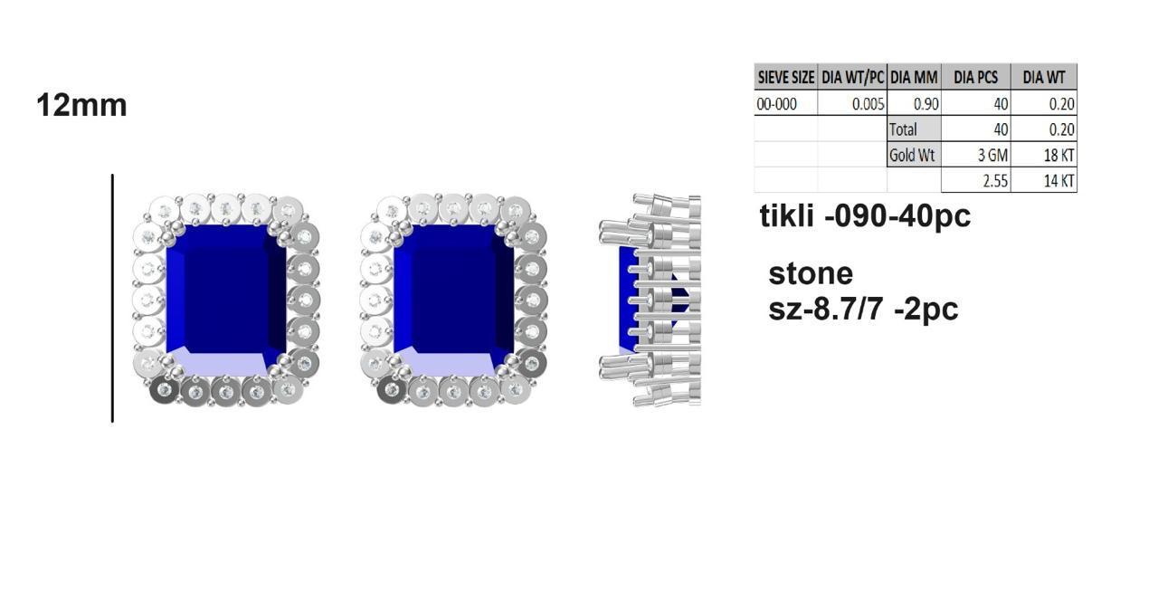 Royal Blue Emerald-Cut Stud Earrings with Diamond Halo – 12mm, 18KT Gold