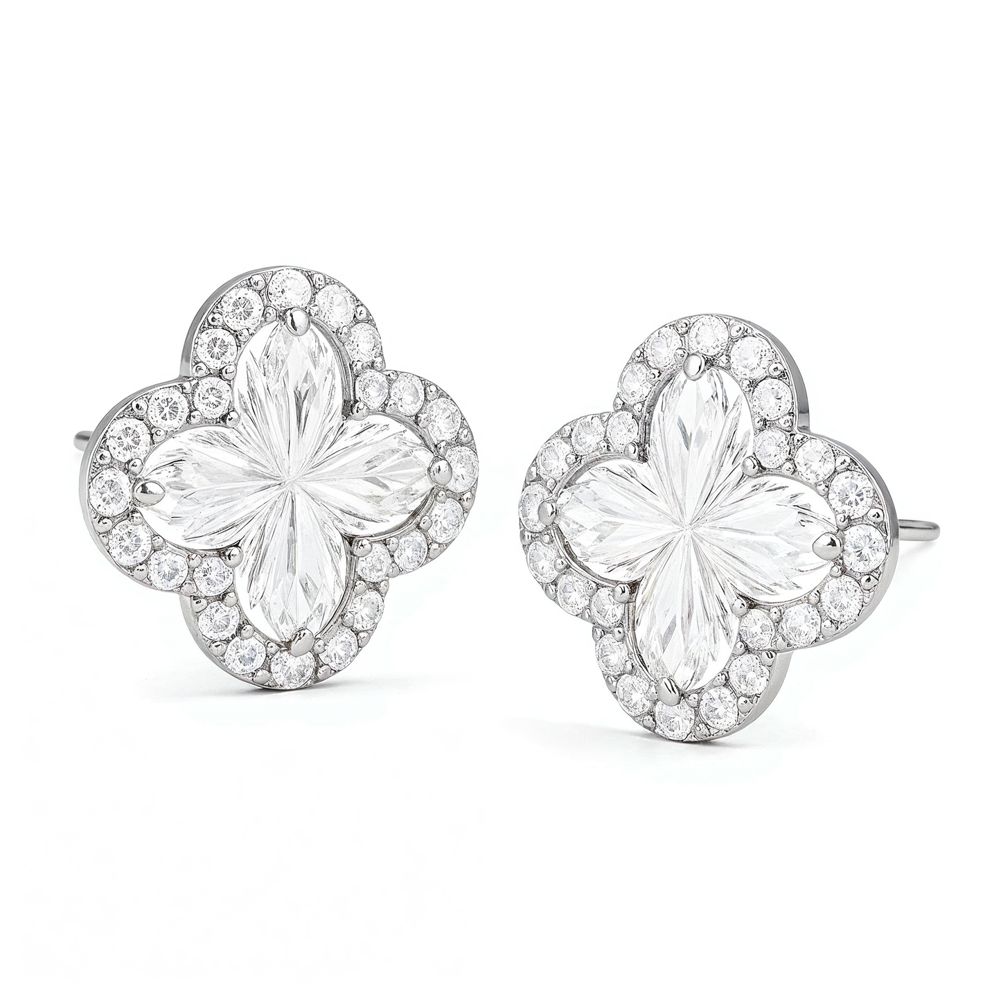 2 Carat, Colour D-E, Clarity VVS-VS, Clover-Cut Diamond Halo Stud Earrings in Sterling Silver