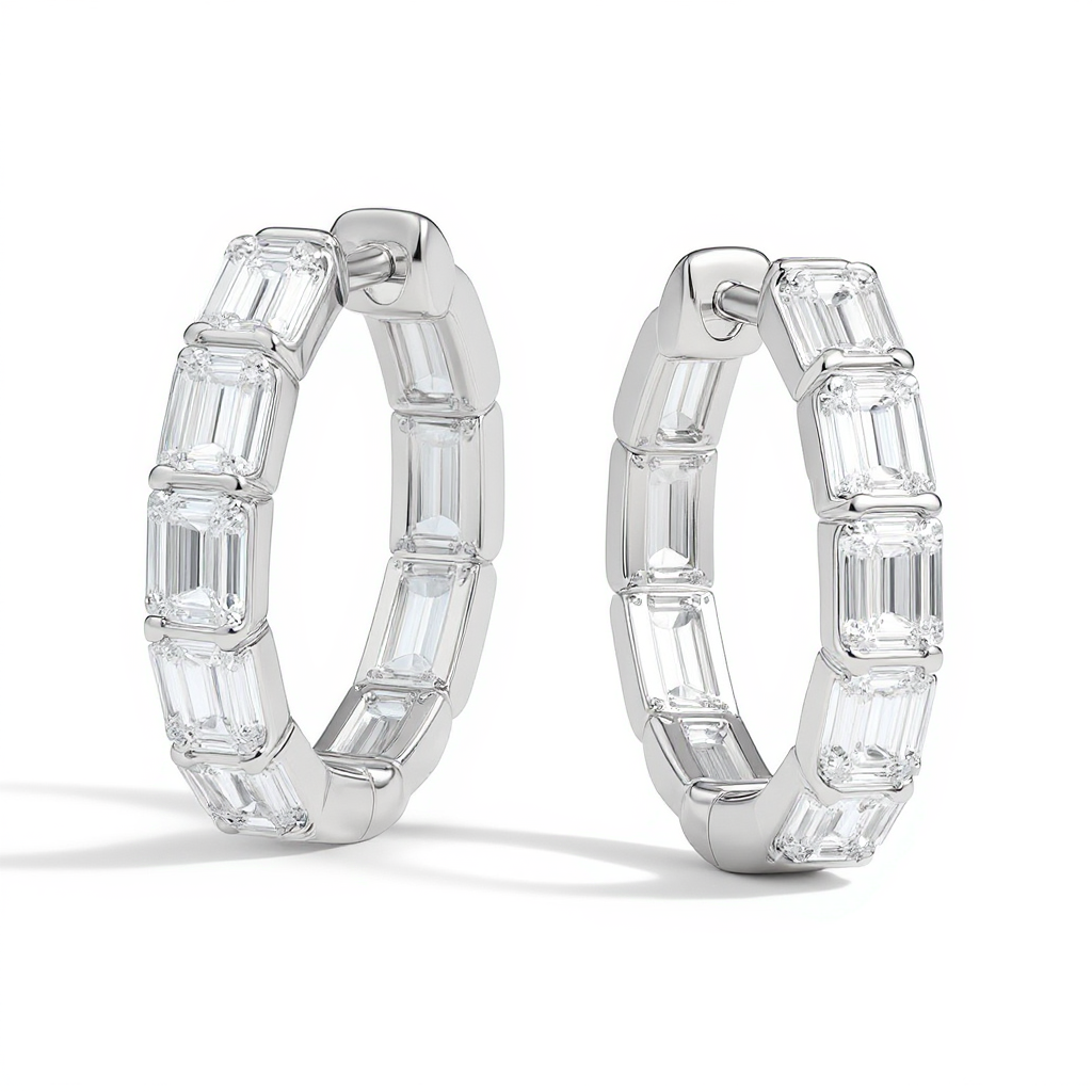 2 Carat Emerald Cut Channel Set Diamond Hoop Earrings