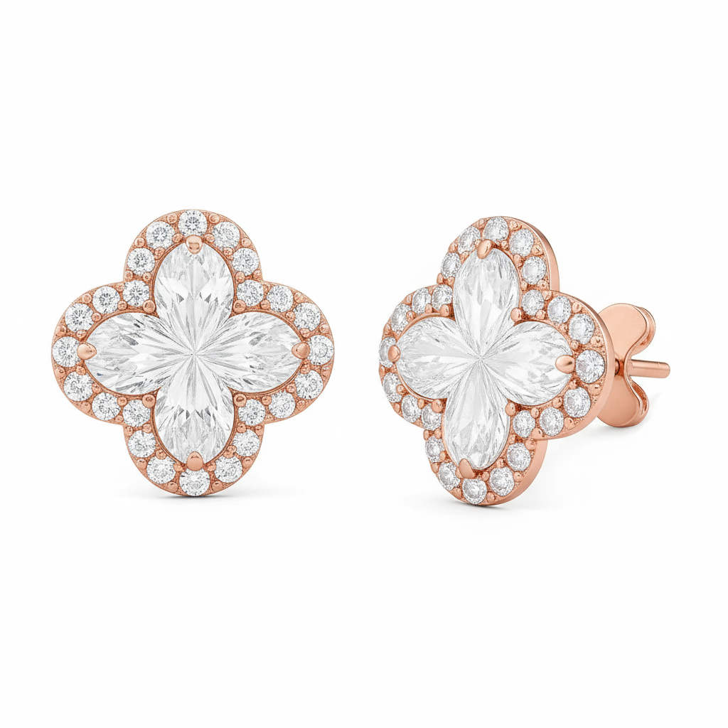 2 Carat, Colour D-E, Clarity VVS-VS, Clover-Cut Diamond Halo Stud Earrings in Sterling Silver