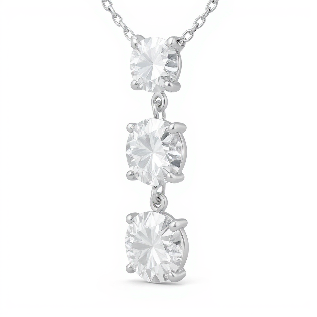 3 ct Triple Round Cut Diamond Pendant Necklace – Elegant 3-Stone Drop Design 10k White Gold