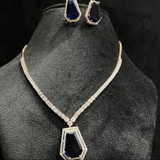 Designer Diamond Necklace with Geometric Blue Gemstone Pendant – 6.60” Length