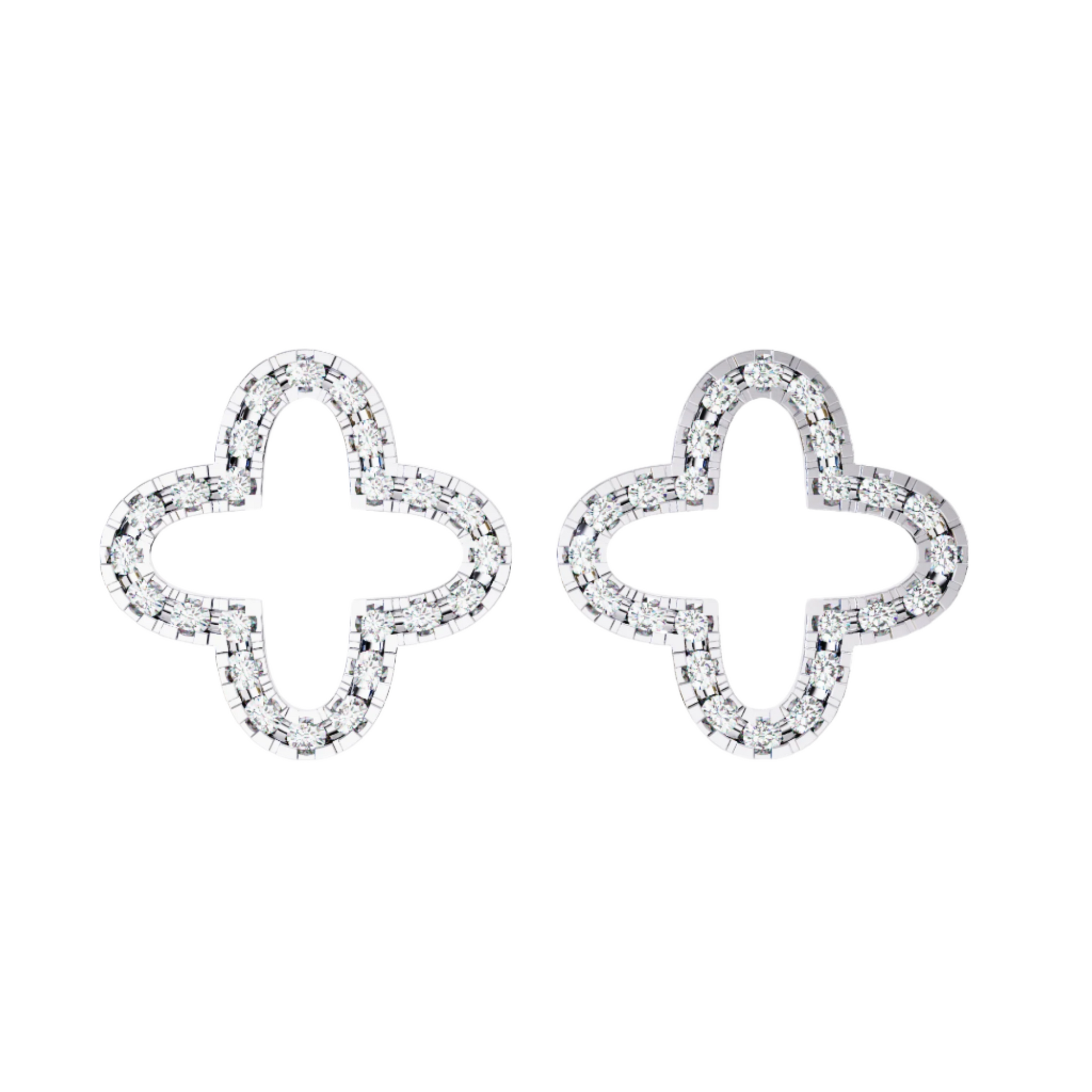 Pair of diamond-studded clover-shaped earrings on a white background