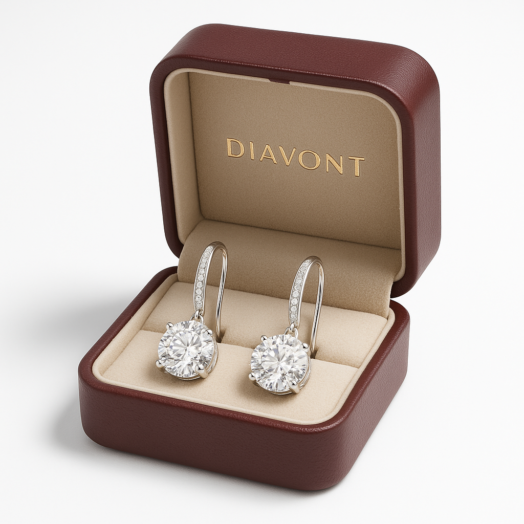 2 Carat Round-Cut Diamond Halo Drop Earrings in Gold