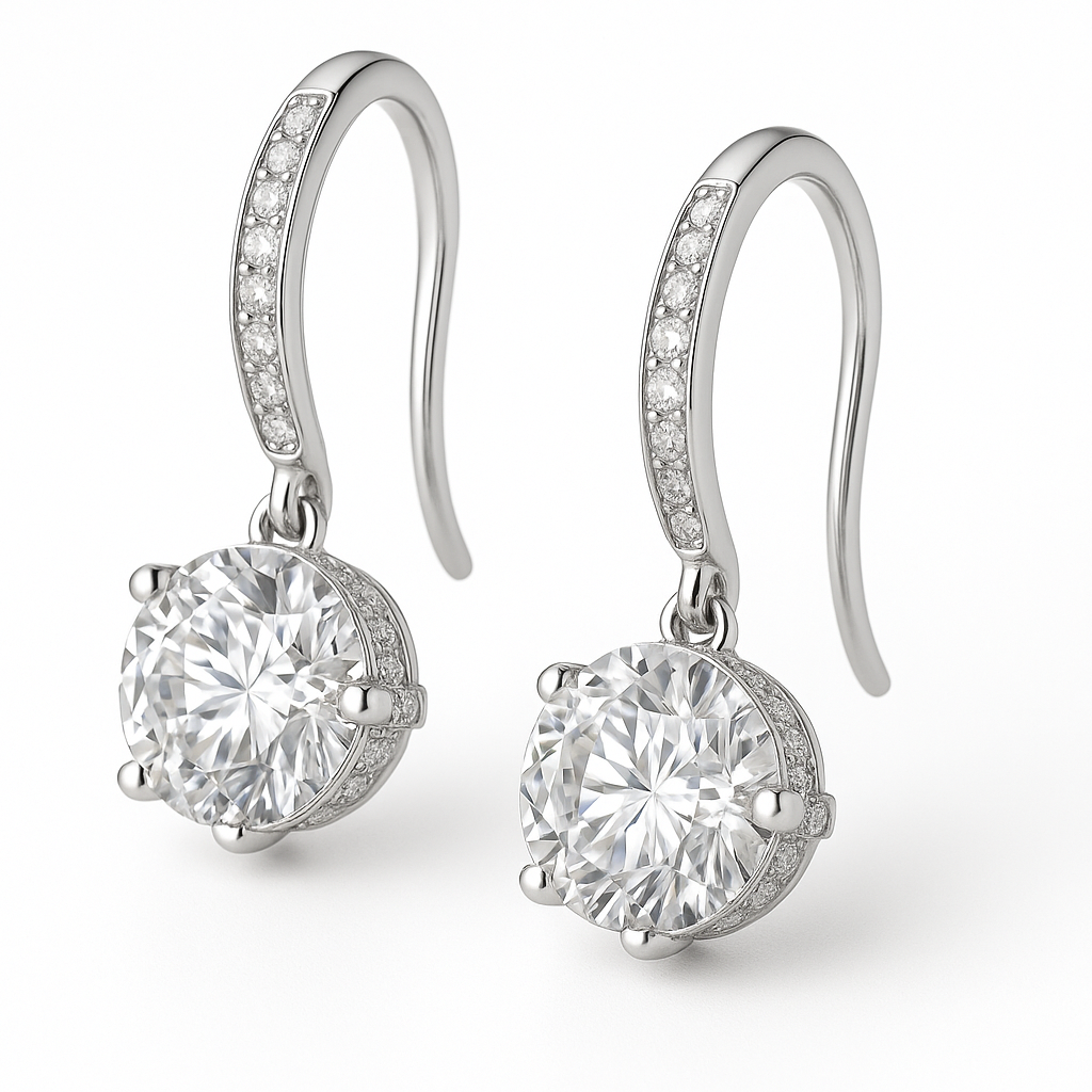 2 Carat Round-Cut Diamond Halo Drop Earrings in Gold