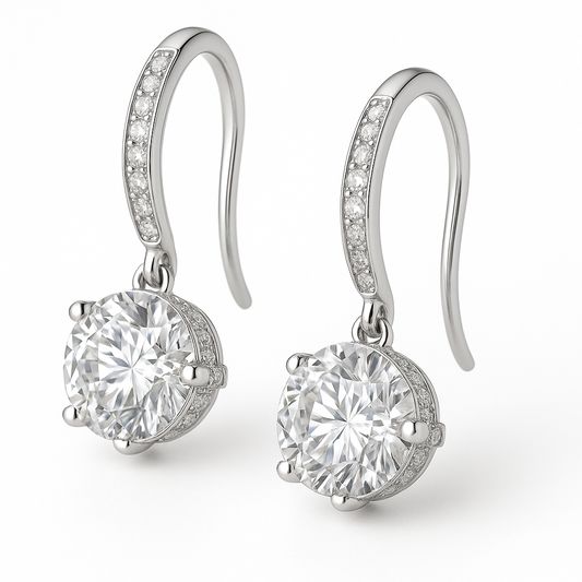 2 Carat Round-Cut Diamond Halo Drop Earrings in Gold