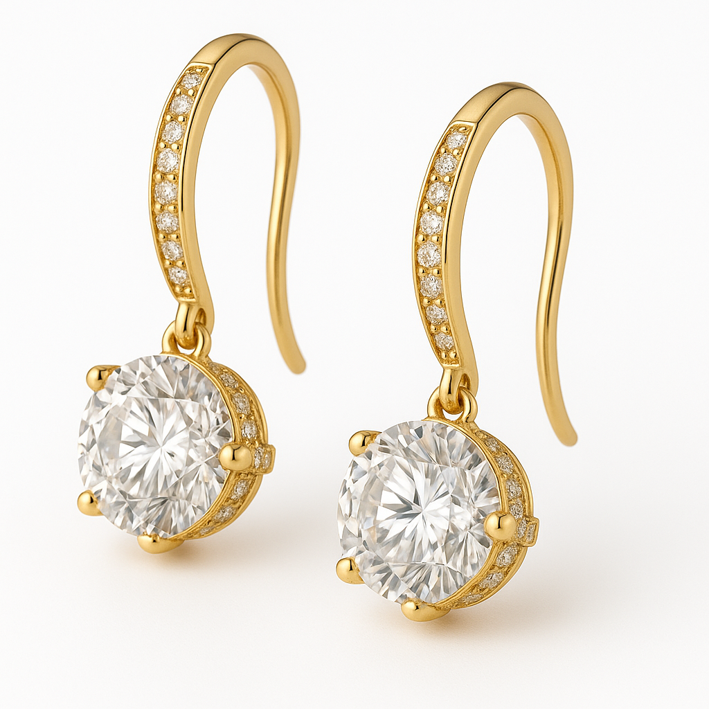 2 Carat Round-Cut Diamond Halo Drop Earrings in Gold