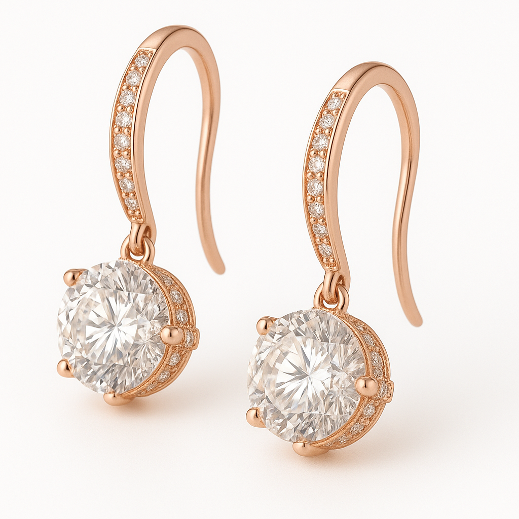 2 Carat Round-Cut Diamond Halo Drop Earrings in Gold