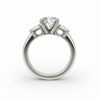 Three-Stone Cushion Cut Diamond Ring Mounting with Tapered Baguette and Pavé Accents