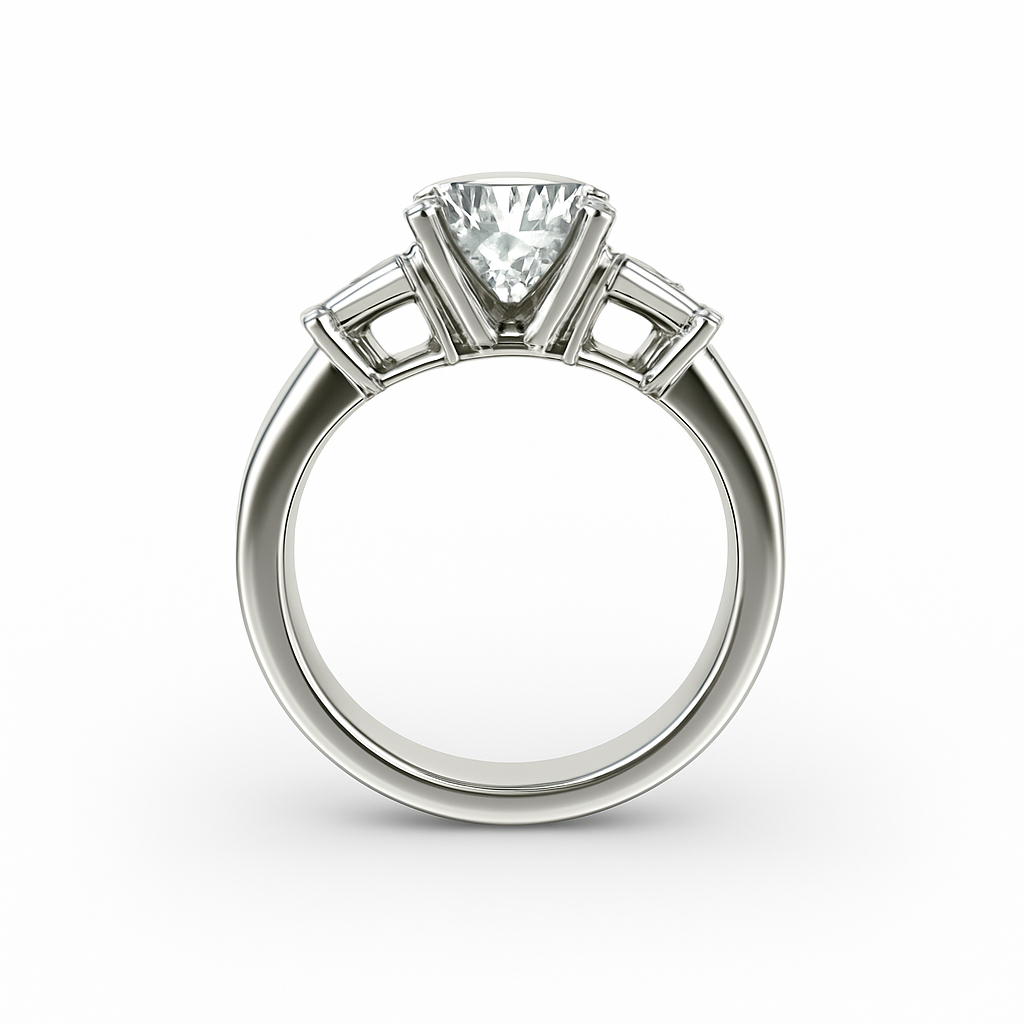 Three-Stone Cushion Cut Diamond Ring Mounting with Tapered Baguette and Pavé Accents