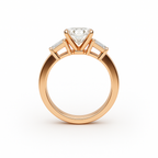 Three-Stone Cushion Cut Diamond Ring Mounting with Tapered Baguette and Pavé Accents