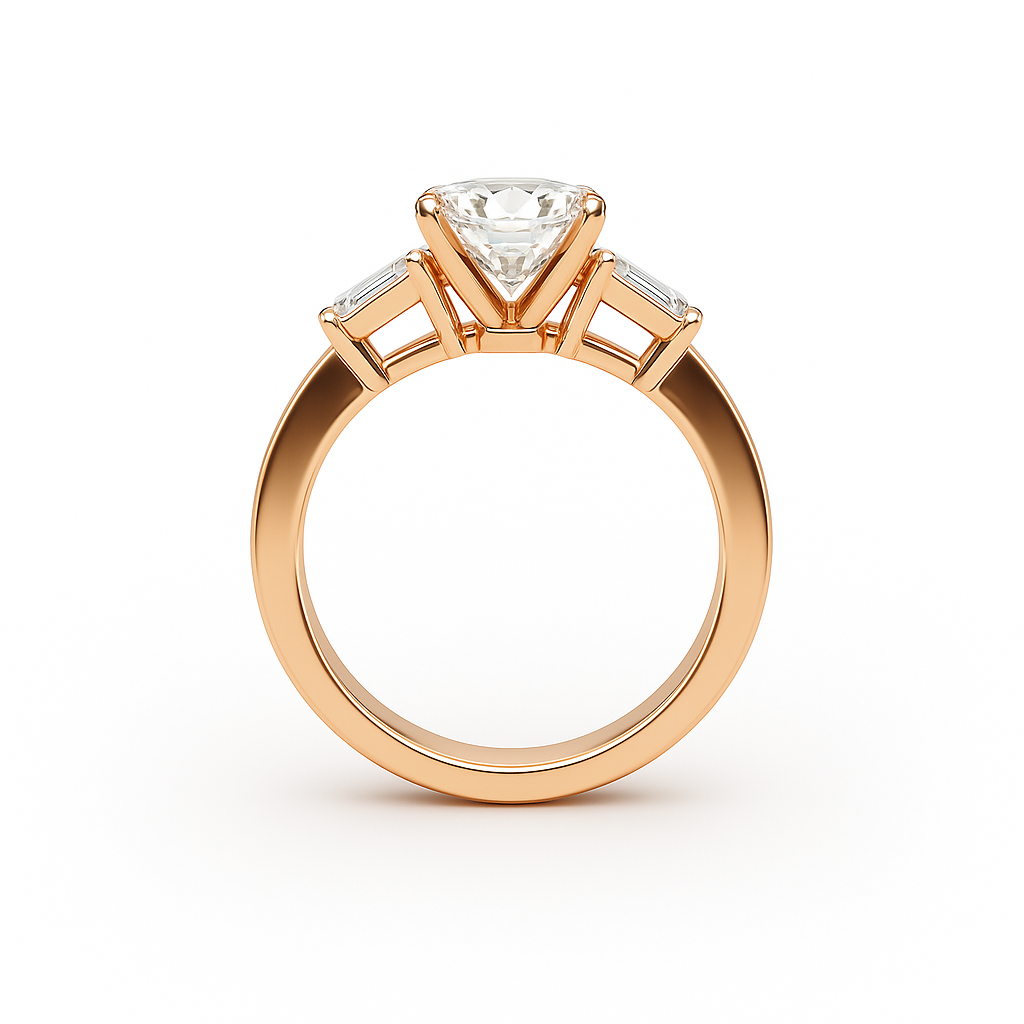 Three-Stone Cushion Cut Diamond Ring Mounting with Tapered Baguette and Pavé Accents