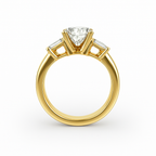 Three-Stone Cushion Cut Diamond Ring Mounting with Tapered Baguette and Pavé Accents