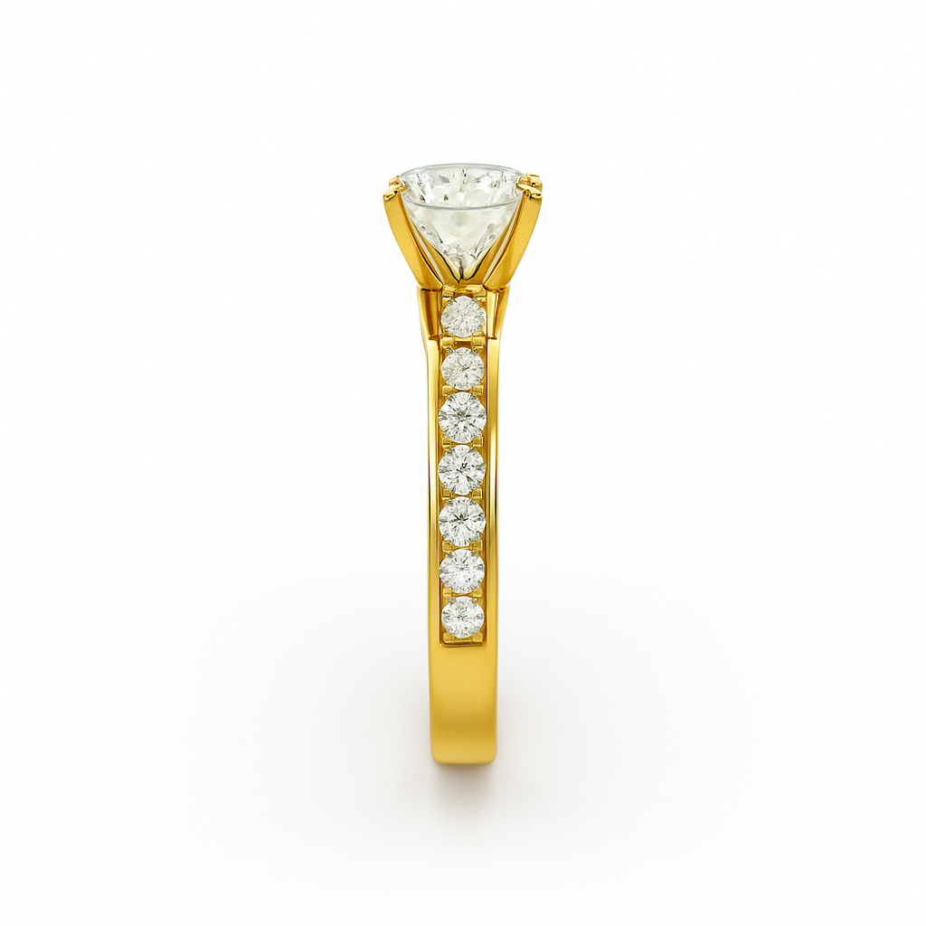 Three-Stone Cushion Cut Diamond Ring Mounting with Tapered Baguette and Pavé Accents
