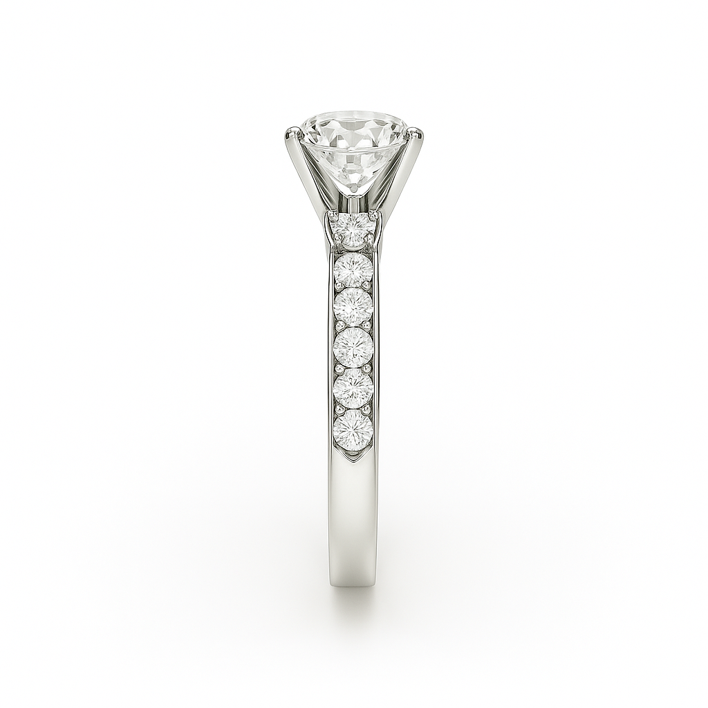 Three-Stone Cushion Cut Diamond Ring Mounting with Tapered Baguette and Pavé Accents