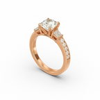 Three-Stone Cushion Cut Diamond Ring Mounting with Tapered Baguette and Pavé Accents