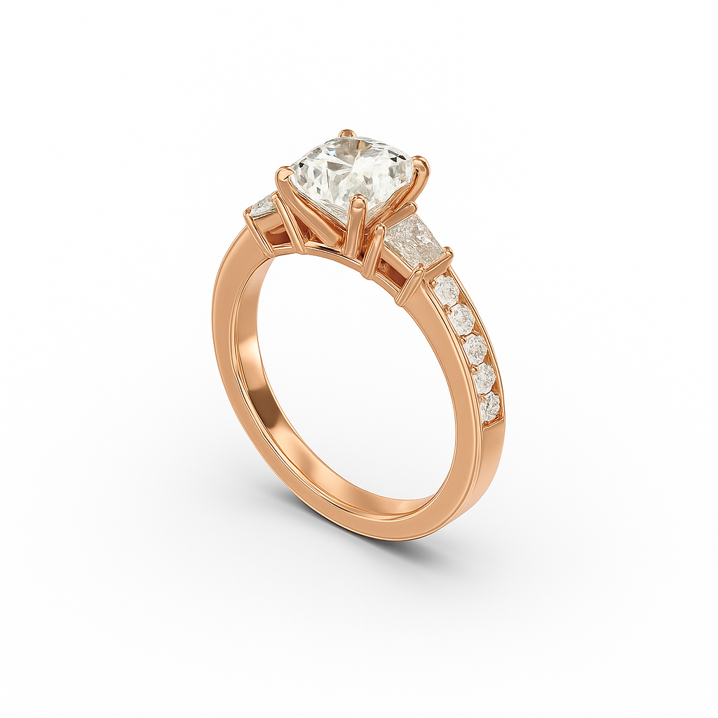 Three-Stone Cushion Cut Diamond Ring Mounting with Tapered Baguette and Pavé Accents