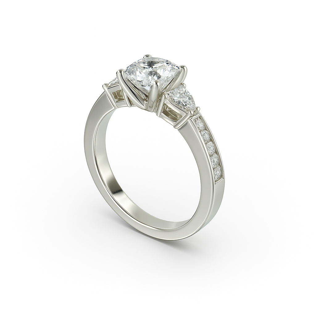 Three-Stone Cushion Cut Diamond Ring Mounting with Tapered Baguette and Pavé Accents