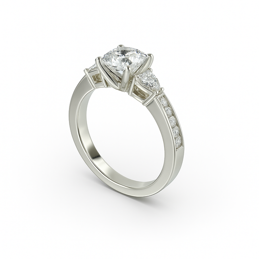 Three-Stone Cushion Cut Diamond Ring Mounting with Tapered Baguette and Pavé Accents