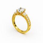 Three-Stone Cushion Cut Diamond Ring Mounting with Tapered Baguette and Pavé Accents