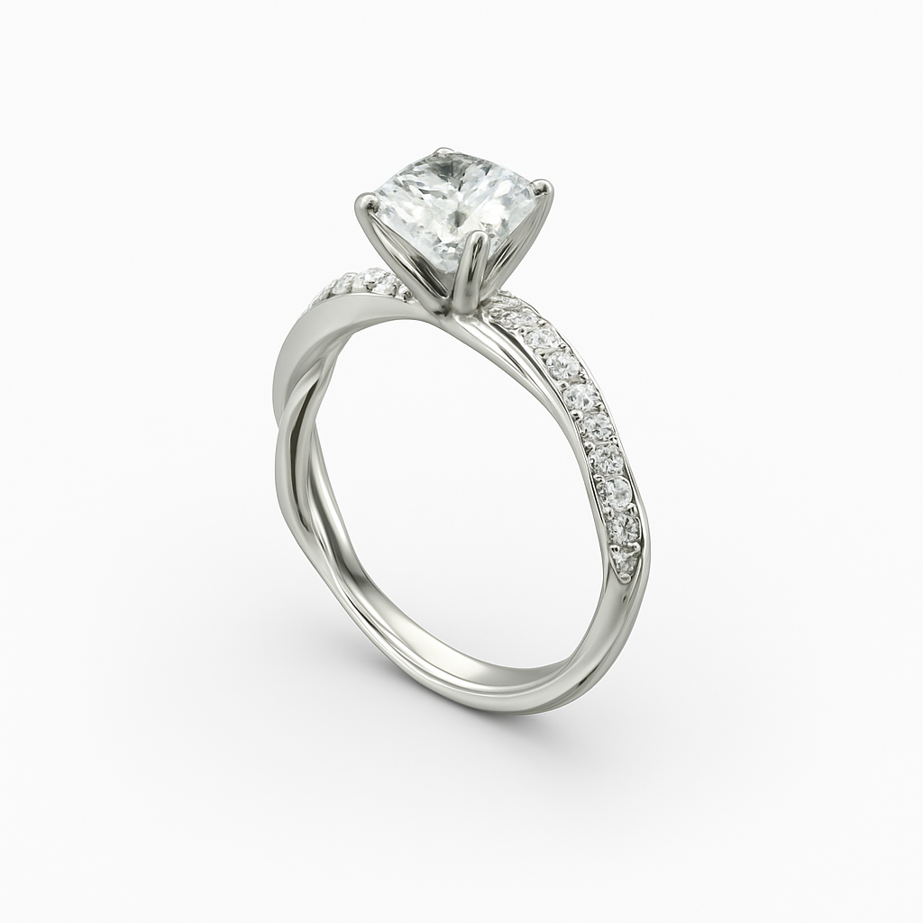 Diavont Twisted Band Cushion Cut Diamond Engagement Ring Mounting with Pavé Accents