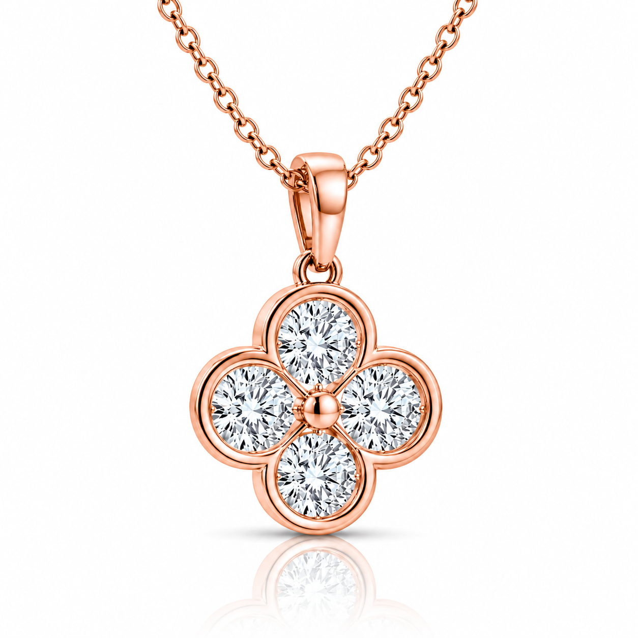 Clover Round Cut Diamond Pendant with Chain