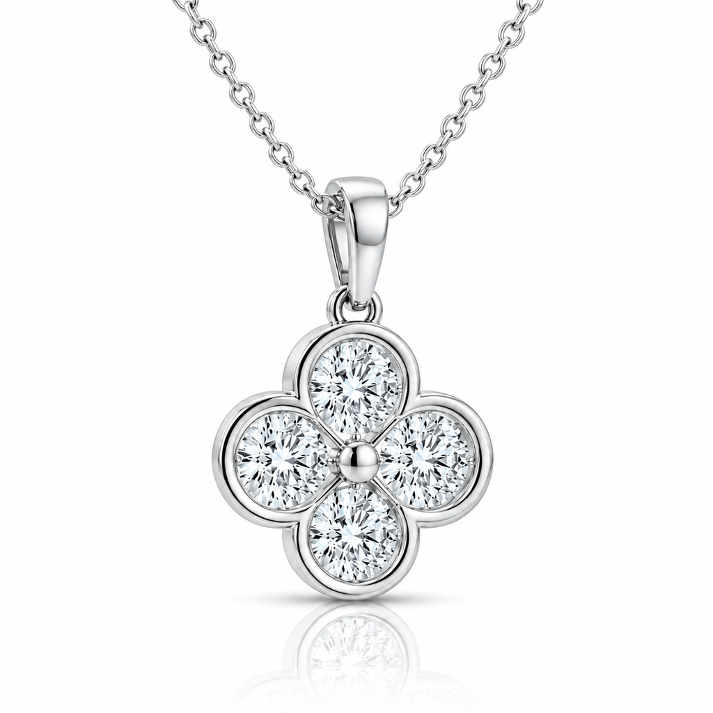 Clover Round Cut Diamond Pendant with Chain