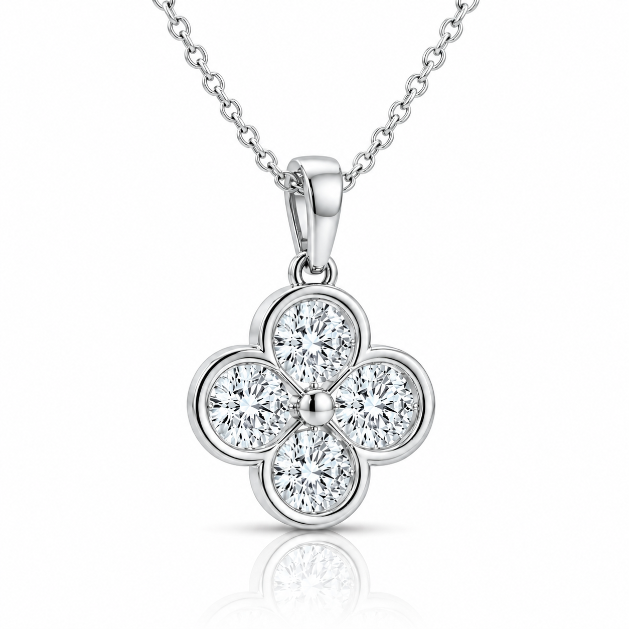 Clover Round Cut Diamond Pendant with Chain
