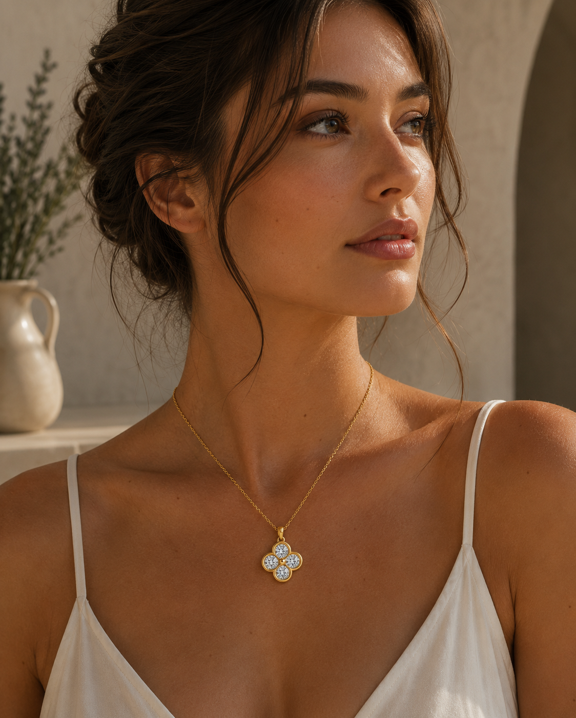 Clover Round Cut Diamond Pendant with Chain