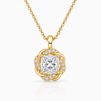 Gold necklace with a diamond pendant on a white background