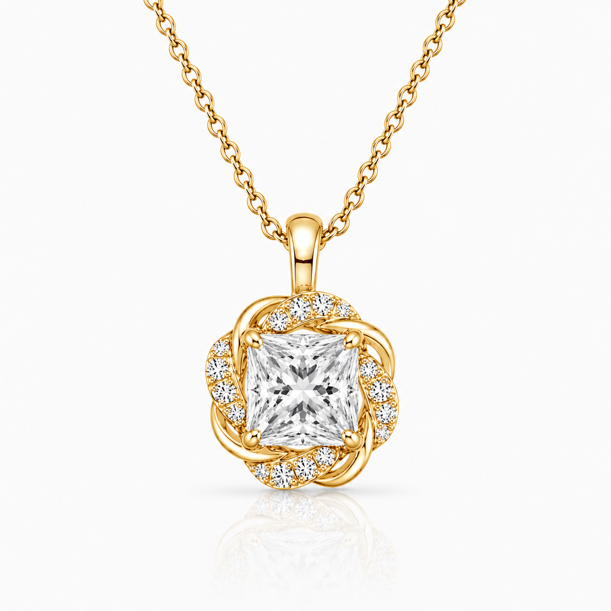 Gold necklace with a diamond pendant on a white background