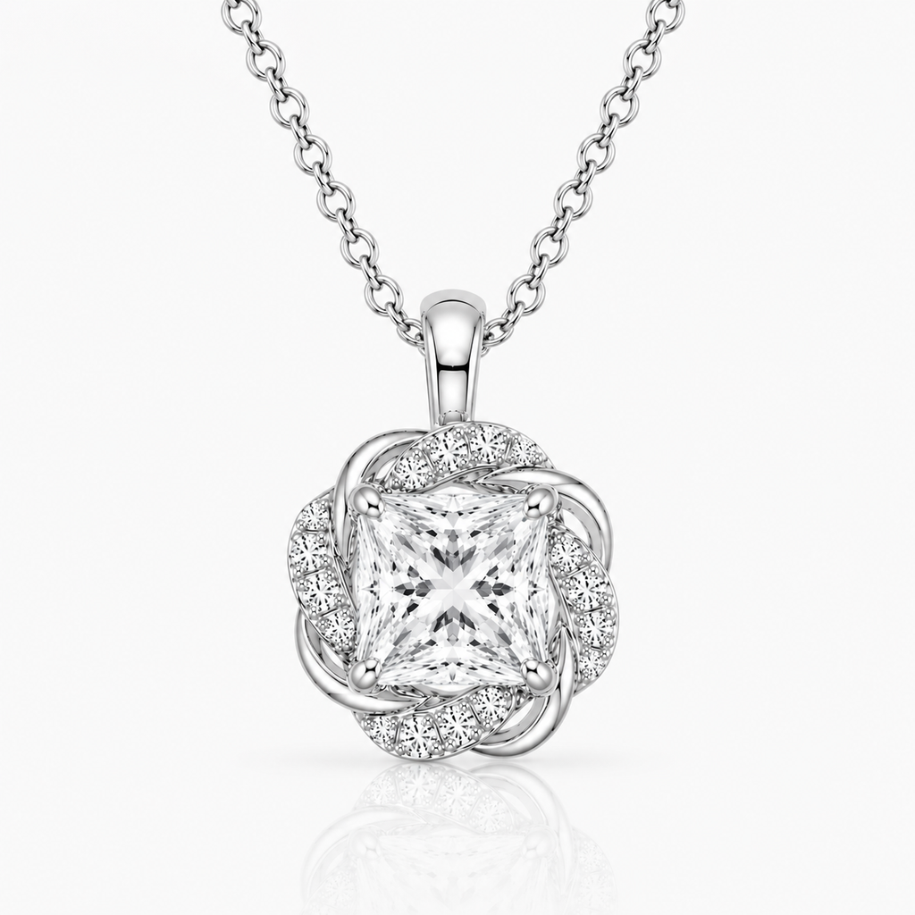 Princess Halo Cut Diamond Pendant with Chain
