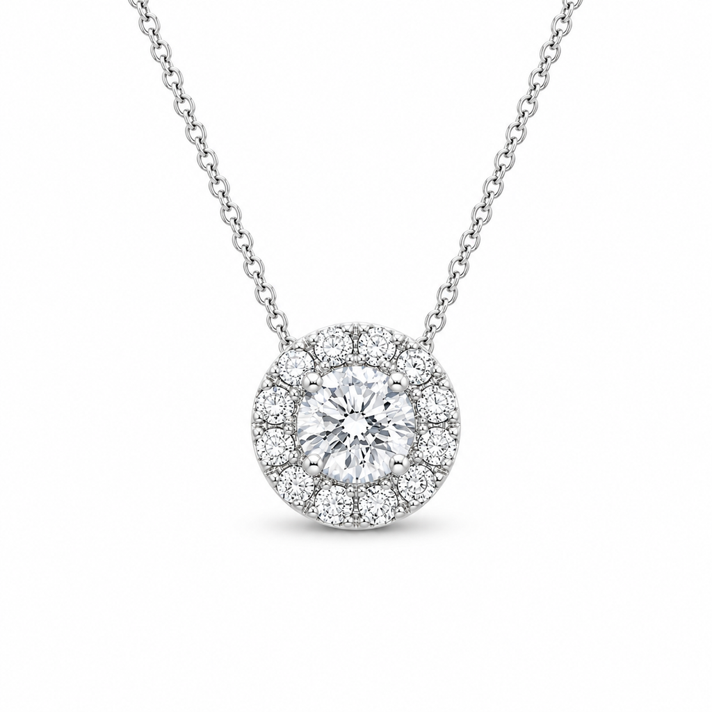 Round Halo Cut Diamond Pendant with Chain
