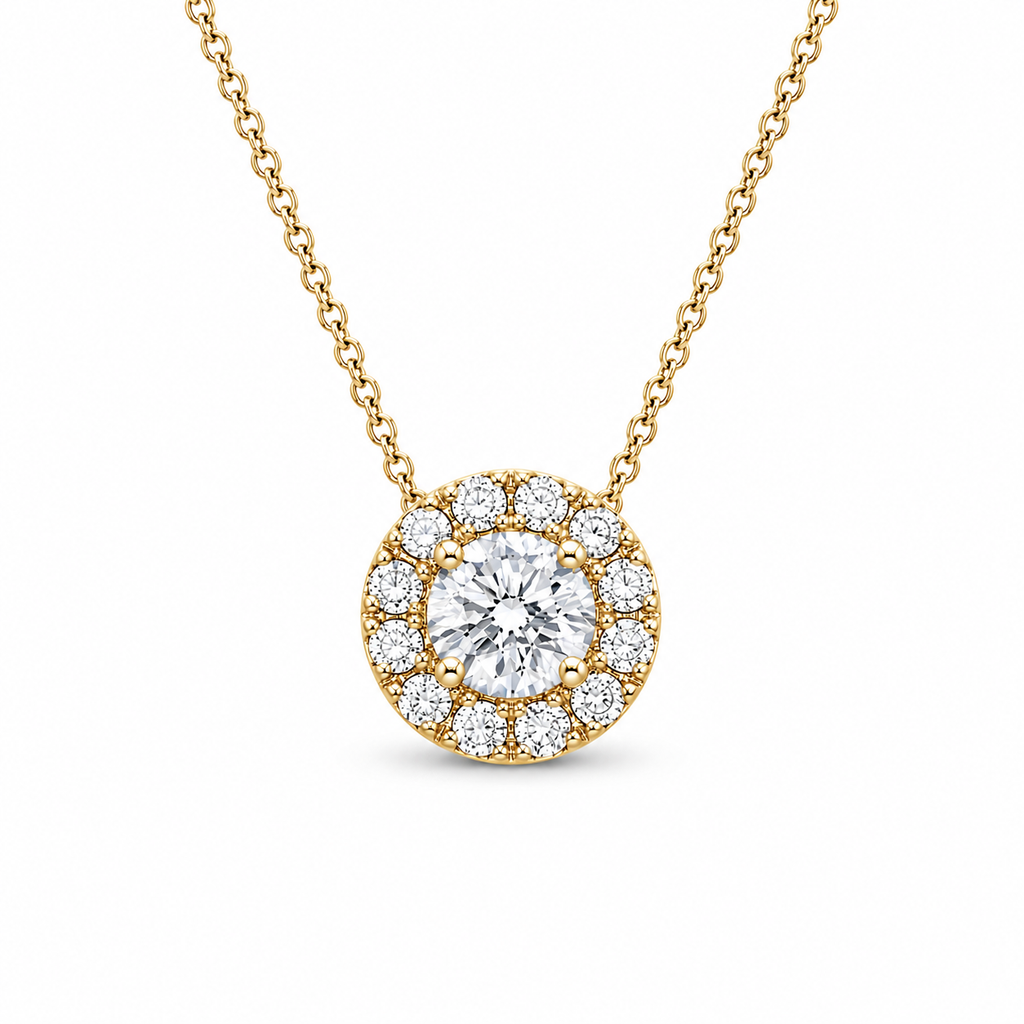 Round Halo Cut Diamond Pendant with Chain