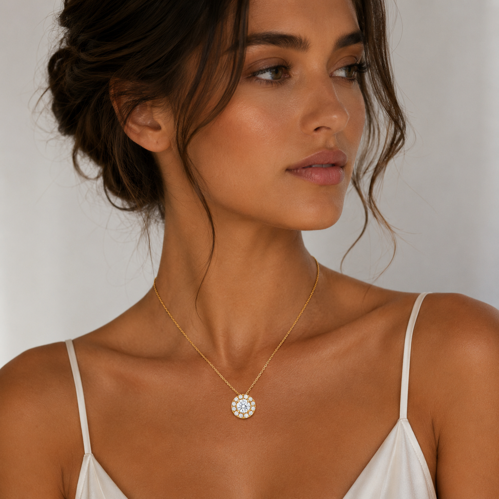 Round Halo Cut Diamond Pendant with Chain