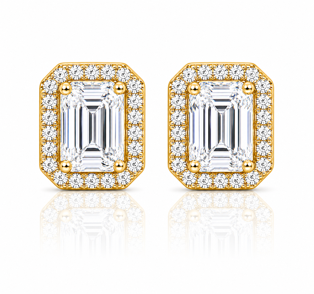 Emerald Halo Diamond Stud Earrings