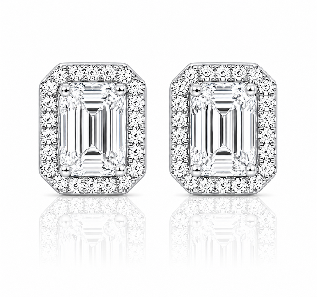 Emerald Halo Diamond Stud Earrings
