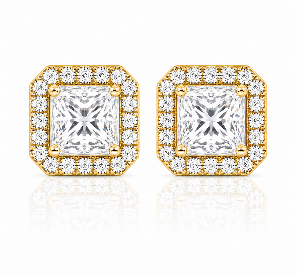 Princess Halo Diamond Stud Earrings
