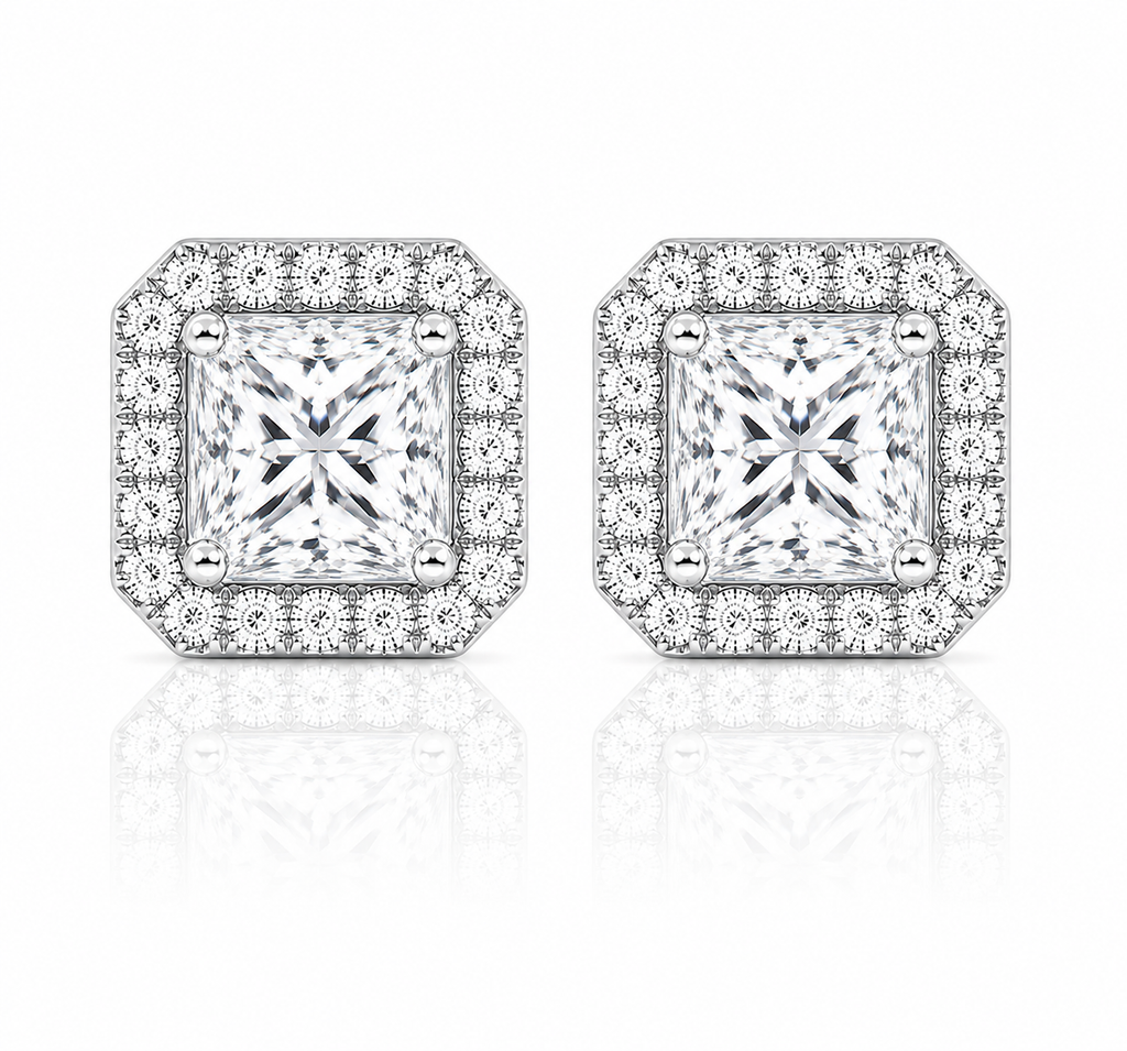 Princess Halo Diamond Stud Earrings