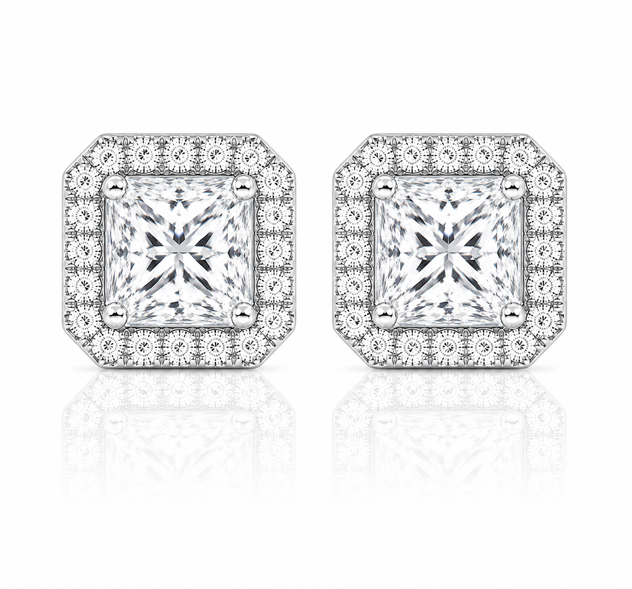 Princess Halo Diamond Stud Earrings