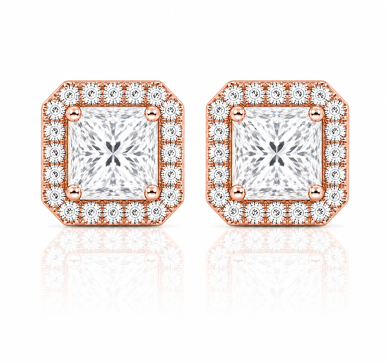 Princess Halo Diamond Stud Earrings