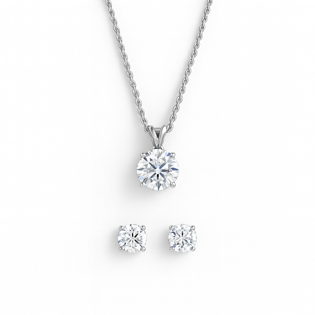 2 Carat Solitaire Pendant with Chain and Stud Earrings  in Sterling Silver with IGI Certificate