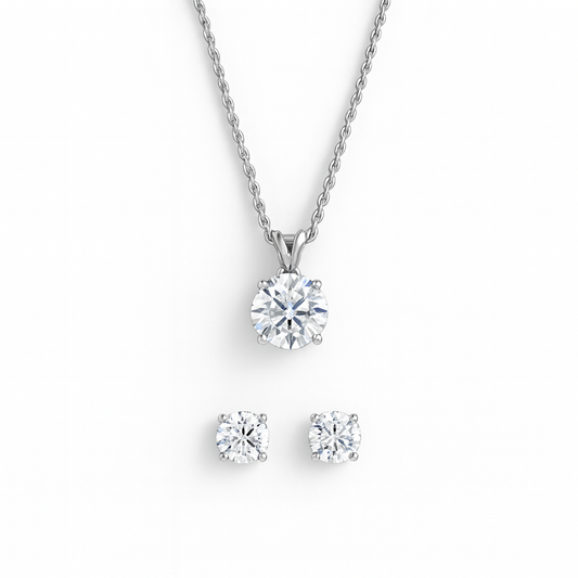 2 Carat Solitaire Pendant with Chain and Stud Earrings  in Sterling Silver with IGI Certificate