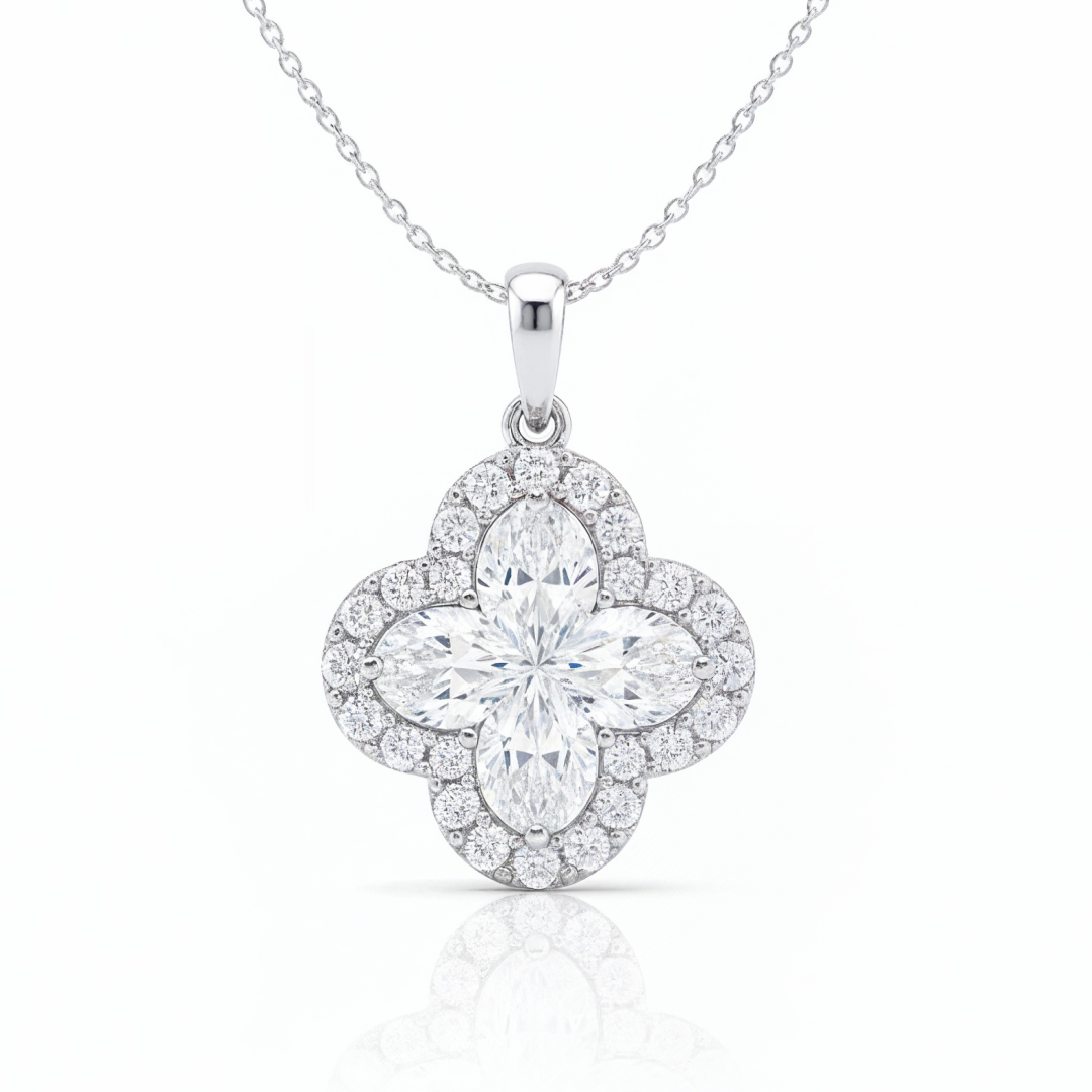 2 Carat, Colour D-E, Clarity VVS-VS, Clover-Cut Diamond Halo Pendent in Sterling Silver